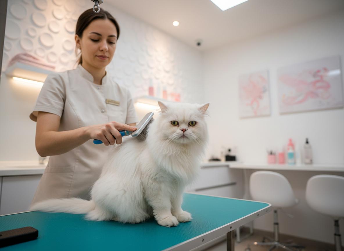Gato persa siendo cepillado con técnicas especializadas