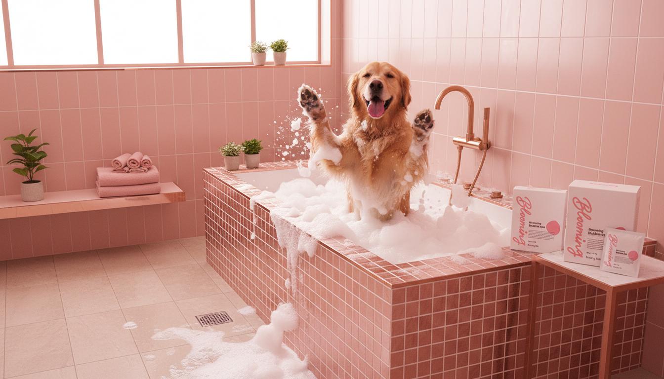 Perro golden retriever disfrutando del Blooming Bubble Spa